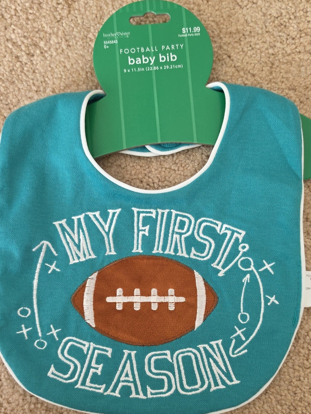 Hobby Lobby Teal Baby Bib with Brown Football Applique